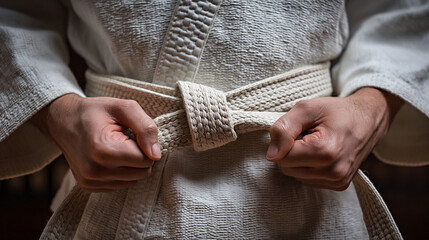 Close-up of hands tying a karate belt, showcasing intricate knotting technique and textured fabric, emphasizing focus and dedication in martial arts practice