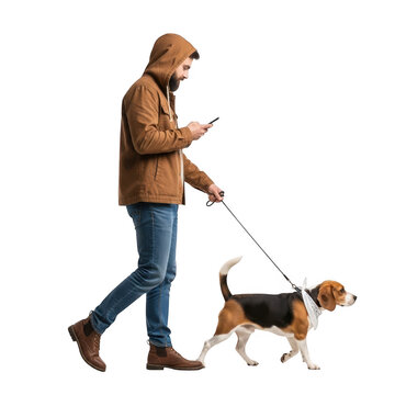 Man walking a beagle dog isolated on transparent background