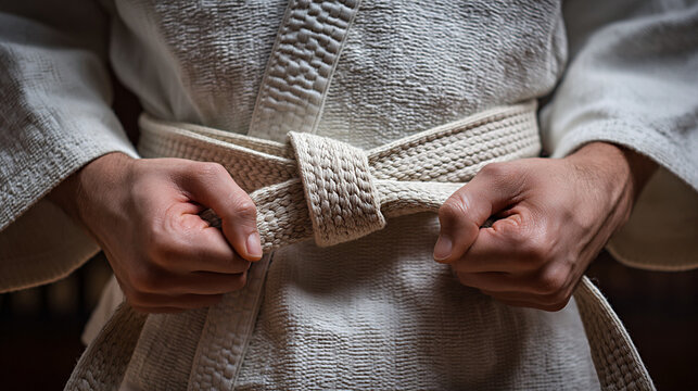 Close-up of hands tying a karate belt, showcasing intricate knotting technique and textured fabric, emphasizing focus and dedication in martial arts practice