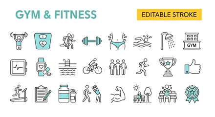 Gym and Fitness Editable Stroke Line Icons for Healthy Lifestyle
