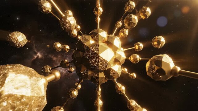 Golden Structure in Space: A stunning representation of a complex gold structure floating in the vastness of space. Evoking mystery and sophistication.