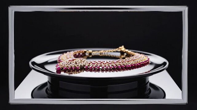 Exquisite ruby and diamond necklace with intricate craftsmanship, elegantly displayed on a rotating silver tray against a dark background, emphasizing its luxurious beauty