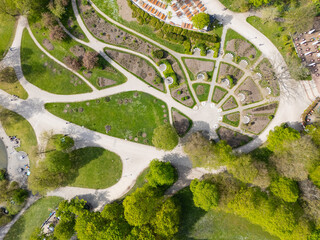 Aerial view from the drone of trees, foot paths, roses garden and  in a green park
