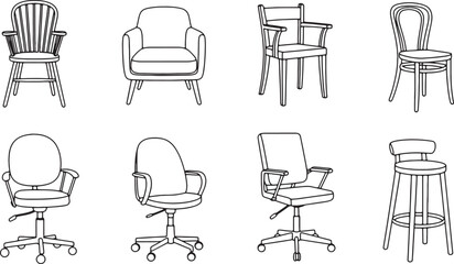 Collection of diverse chair styles in a minimalist black and white design