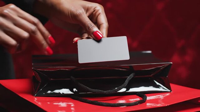 Adding a Gift Card to a Shopping Bag - A woman with red nails puts a blank gift card into a shiny black shopping bag, likely as a gift.