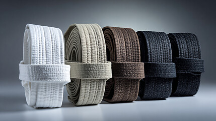 Karate belt progression set arranged in row from white to black, showcasing the journey of martial arts mastery through distinct colors and textures in a visually striking display