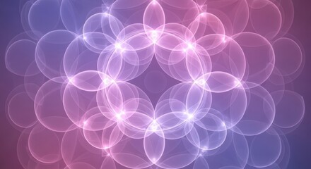 Abstract glowing geometric pattern with overlapping translucent circles in shades of purple and pink