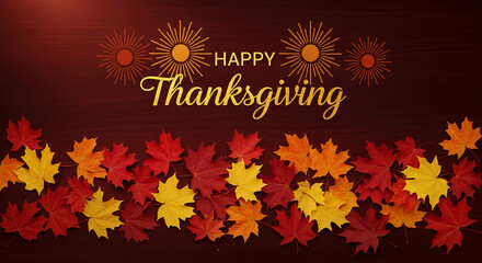 Illustration of autumnal leaves and stylized suns on a dark wooden background, spelling out "Happy Thanksgiving", symbolizing gratitude and autumn season