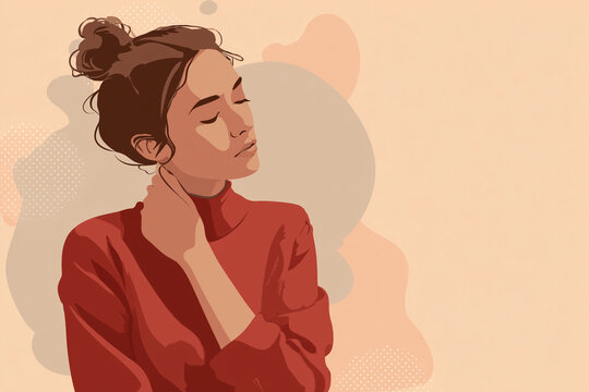 A young woman with brown hair in a bun wears a red sweater. She has a thoughtful expression and is touching her neck. The background is a soft, muted color.