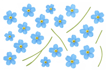 Delicate forget-me-not flowers scattering, seamless blue floral pattern on transparent background, spring nature design