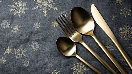 Metallic cutlery arranged elegantly on a dark festive tablecloth with snowflake patterns, showcasing modern minimalist design for holiday dining experiences