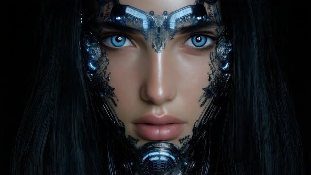 Futuristic female cybernetic face with blue eyes and integrated technology