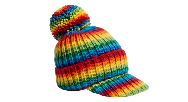 A vibrant rainbow knit visor hat with a playful pompom isolated on transparent background, perfect for adding a splash of color to any outfit