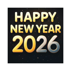 Happy New Year 2026 Metallic Gold and Silver 3D Text on Dark Background