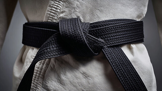 Close up of a tied black belt on a karate gi, showcasing intricate textures and clean lines, emphasizing martial arts discipline and dedication to training