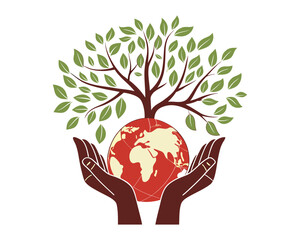 Two hands cradle a vibrant Earth, from which a flourishing tree grows, representing life, growth, and environmental stewardship