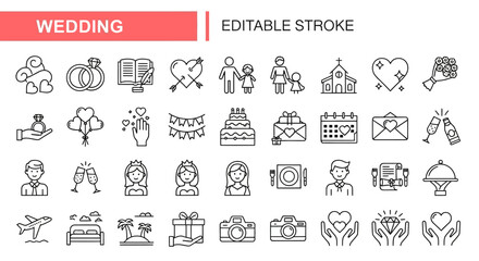 Sleek line icon collection featuring wedding and marriage symbols. This set includes editable stroke icons for ceremony, reception, love, and honeymoon