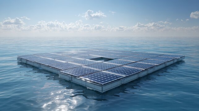 A solar panel farm floats on calm waters harnessing sunlight to produce clean energy under a radiant sky.