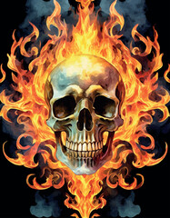 Obraz premium Skull burning in fire, hellfire, watercolor work.