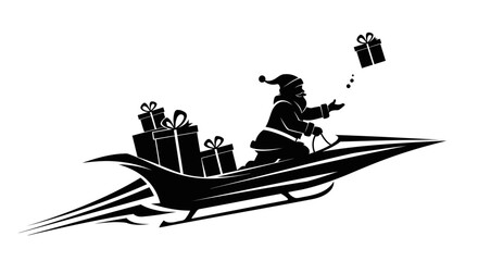Santa claus in sleigh full of gifts flying through the night sky silhouette