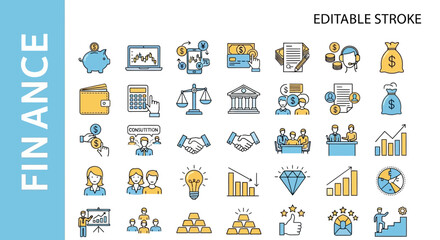 A comprehensive collection of sleek line icons representing business, investment, and financial management concepts