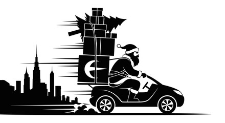 Santa claus delivering gifts on a scooter in a city silhouette