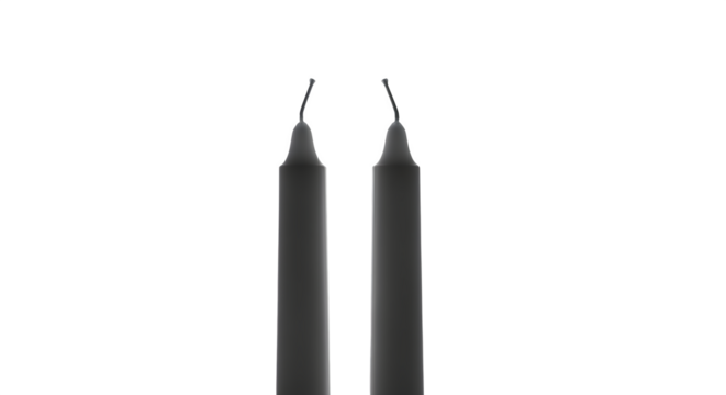 Two black taper candles isolated on transparent background, creating a simple and elegant composition with a minimalist aesthetic