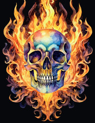 Skull burning in fire, hellfire, watercolor work.