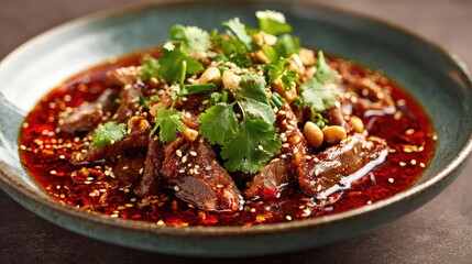 Fuqi Feipian, sliced beef and beef tripe in vibrant red chili oil, no Shaoxing wine, Sichuan-style cold appetizer, topped with roasted peanuts, cilantro, and sesame seeds
