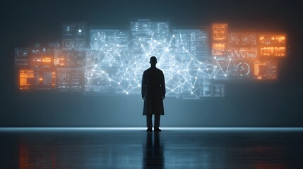 Scientist in lab coat observing data visualization on a futuristic display