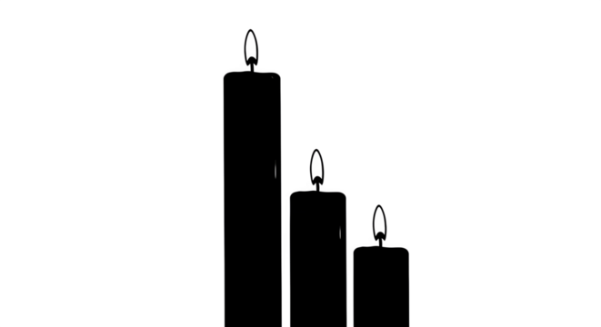 Three black candles of varying heights isolated on transparent background, creating a sense of depth and dimension in a minimalist composition