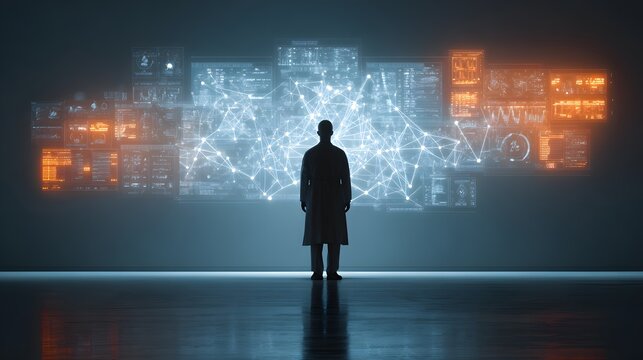 Scientist in lab coat observing data visualization on a futuristic display
