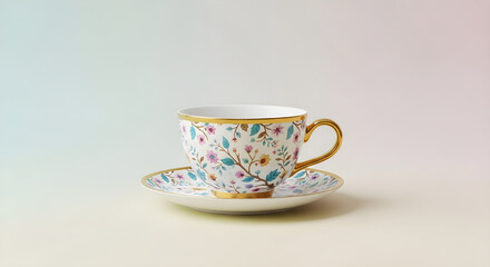Floral teacup and saucer isolated on white background