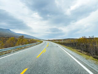 Winding road crossing colorful fall foliage under cloudy sky in scandinavia