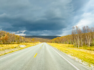 Autumnal forest and dramatic dark clouds over a straight asphalt road
