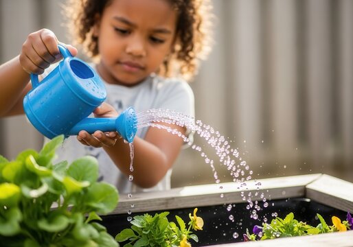 A young child with curly hair waters flowers in a garden with a blue watering can. Outdoor learning activity for kids. Concept of growth and responsibility