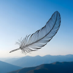 Detailed monochrome feather floating gently against beautiful mountain background