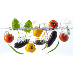 Fresh red cherry tomatoes and green leaf vegetables isolated on white with water splash for healthy organic food diet