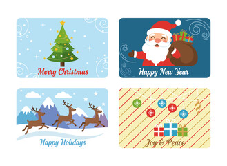 Fototapeta premium Set of Merry Christmas and Happy New Year posters and greeting cards, festive postcards, winter holiday background designs featuring Xmas patterns and Scandinavian-style ornaments, all in flat vector