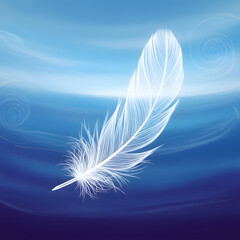 White feather floating in blue dreamy background peaceful ethereal artistic art