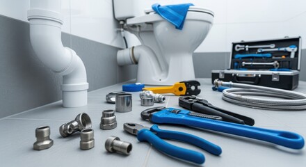 A wellorganized assortment of plumbing tools and equipment is neatly arranged on a clean surface, showcasing a range of wrenches, pipes, and fittings, ready for any repair or installation task
