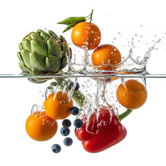 Oranges and blueberries falling into water with splash fruit healthy food isolated