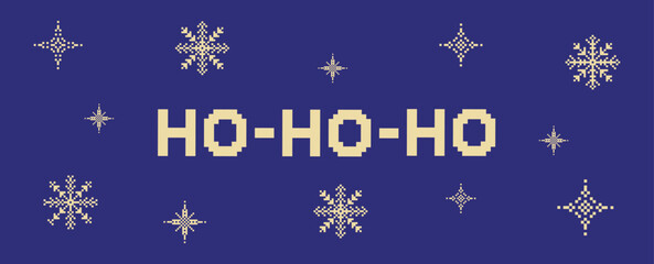 Pixelated New Year's web banner "Ho-ho-ho." Vector illustration in 8-bit game style. New Year's illustration with the text "ho-ho-ho," snowflakes, and stars in pixel art style on a blue background.