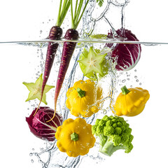 Fresh vegetables falling into water with splash healthy food isolated on white