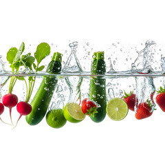 Fresh vegetables and fruits falling into water with splash healthy food isolated