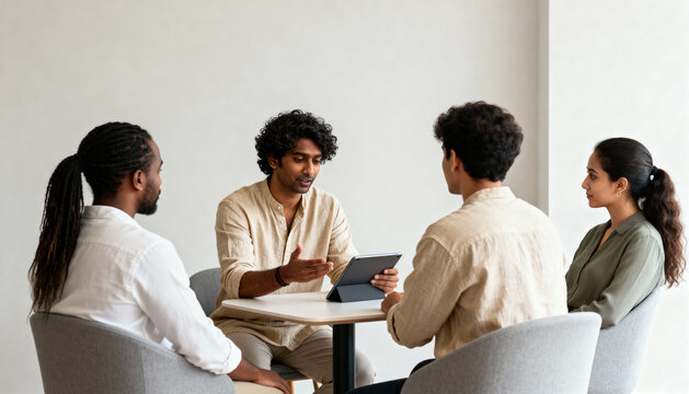 Diverse business team in a meeting at a modern office. A young man presents ideas on a digital tablet to his colleagues. Teamwork and collaboration concept