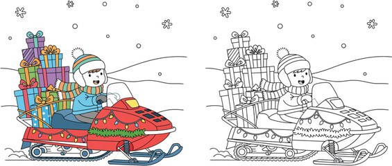 Christmas coloring page of a cute boy driving a red snowmobile filled with gifts. Vector illustration of winter holiday delivery concept with color and outline versions for kids.