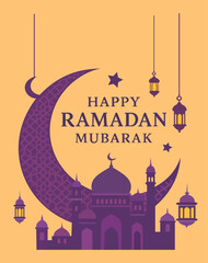 This vibrant greeting card design celebrates the spirit of Ramadan with its beautiful blend of purple hues and elegant motifs. Featuring a crescent moon and lanterns, the card conveys warm wishes with