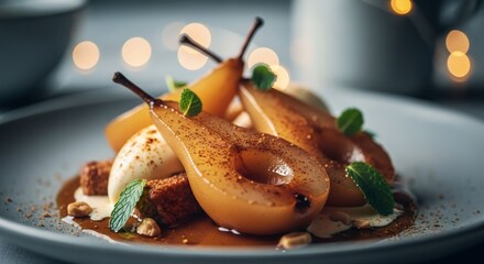 Poached pear dessert with ice cream and mint on a white plate. Gourmet sweet food for a restaurant menu or recipe book.