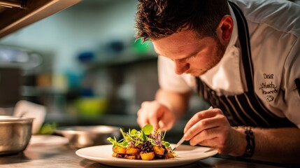 In a bustling kitchen, a chef focuses intently on plating a beautifully arranged gourmet dish. The warm lighting highlights fresh ingredients and delicate garnishes.
